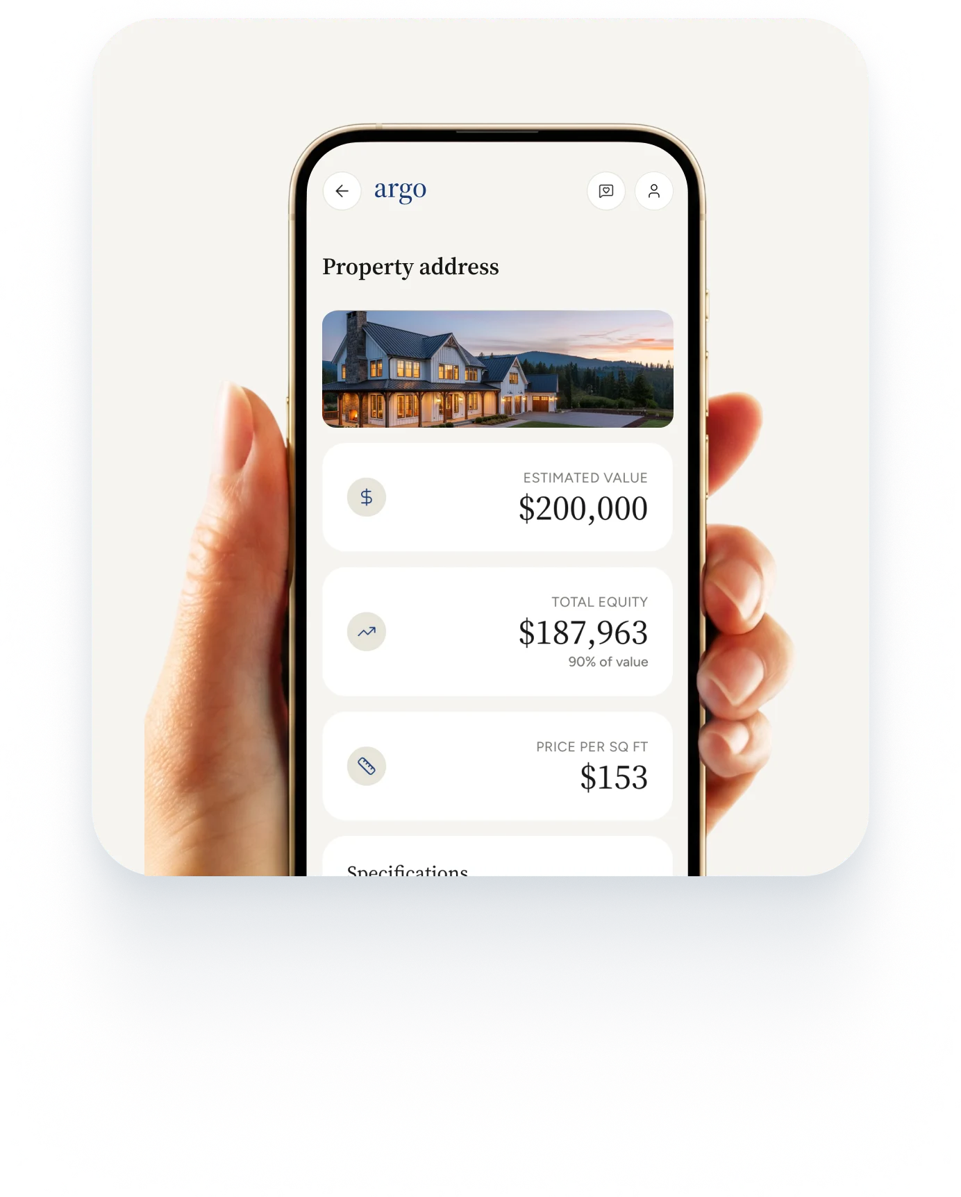 The Argo app showing a home's estimated value, equity, and price per square foot