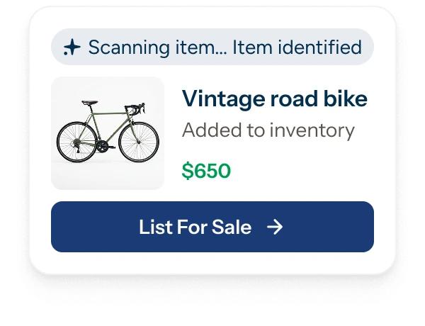 Argo identifying the bike as a Vintage road bike, added to inventory at an estimated $650, with a List For Sale action