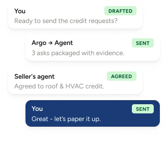 Chat thread showing a credit request drafted, sent, and agreed to