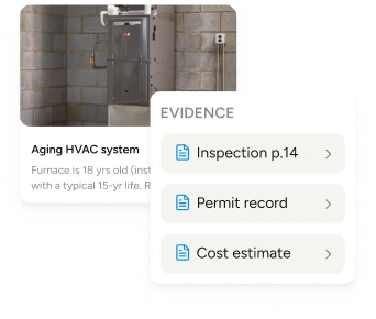 Evidence card linking an inspection page, permit record, and cost estimate