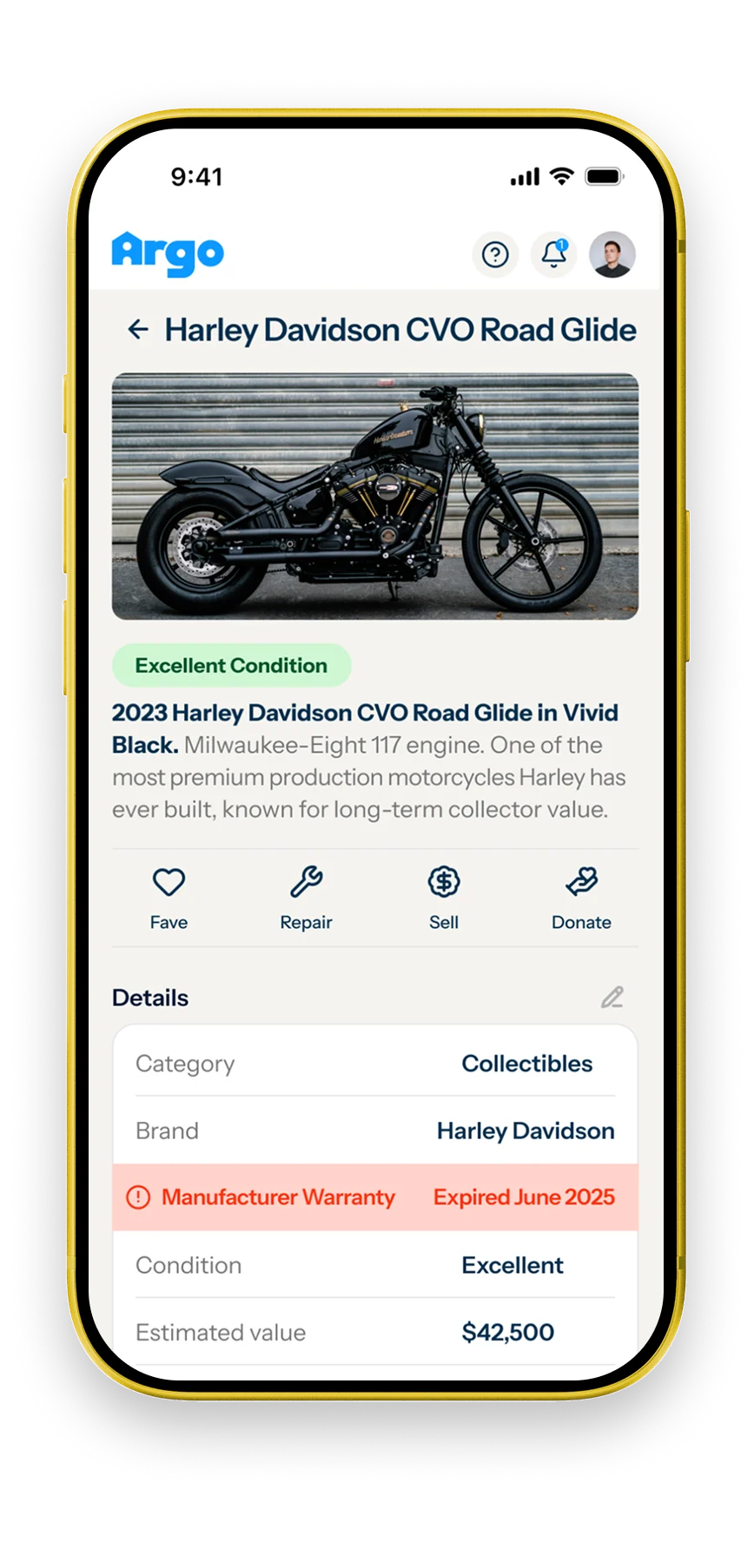 Argo app showing a Harley Davidson collectible with sell, donate, repair, and fave actions