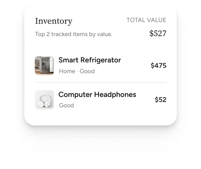 An Inventory card showing tracked items and their total value