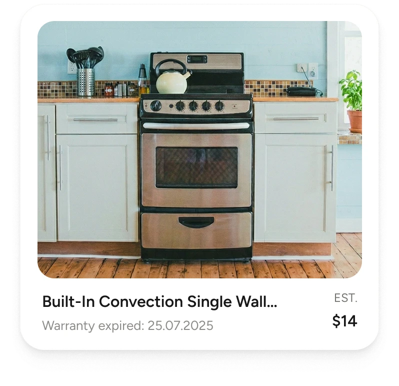 An item card for a built-in convection oven showing its expired warranty and estimated value