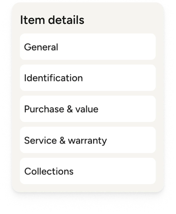 Item details grouped into General, Identification, Purchase & value, Service & warranty, and Collections
