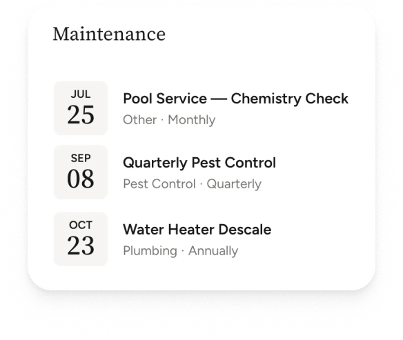 A Maintenance card listing upcoming pool, pest control, and water heater service