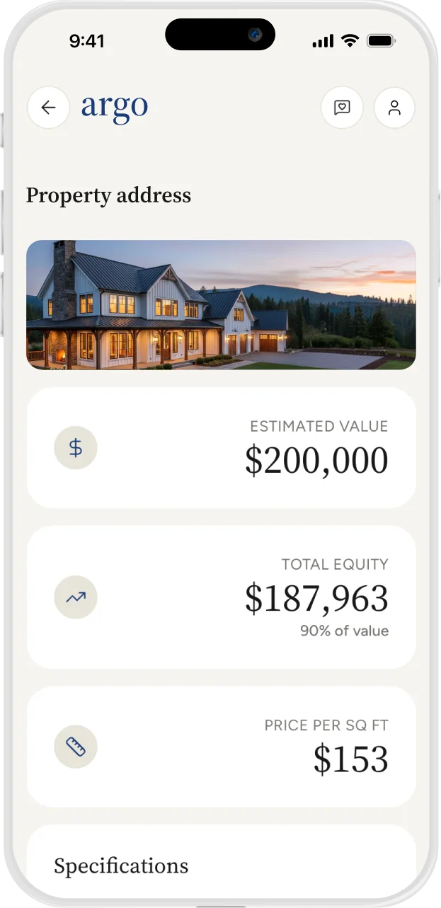 Argo app showing 102 Olin Dr with estimated value, total equity, price per square foot, and specifications