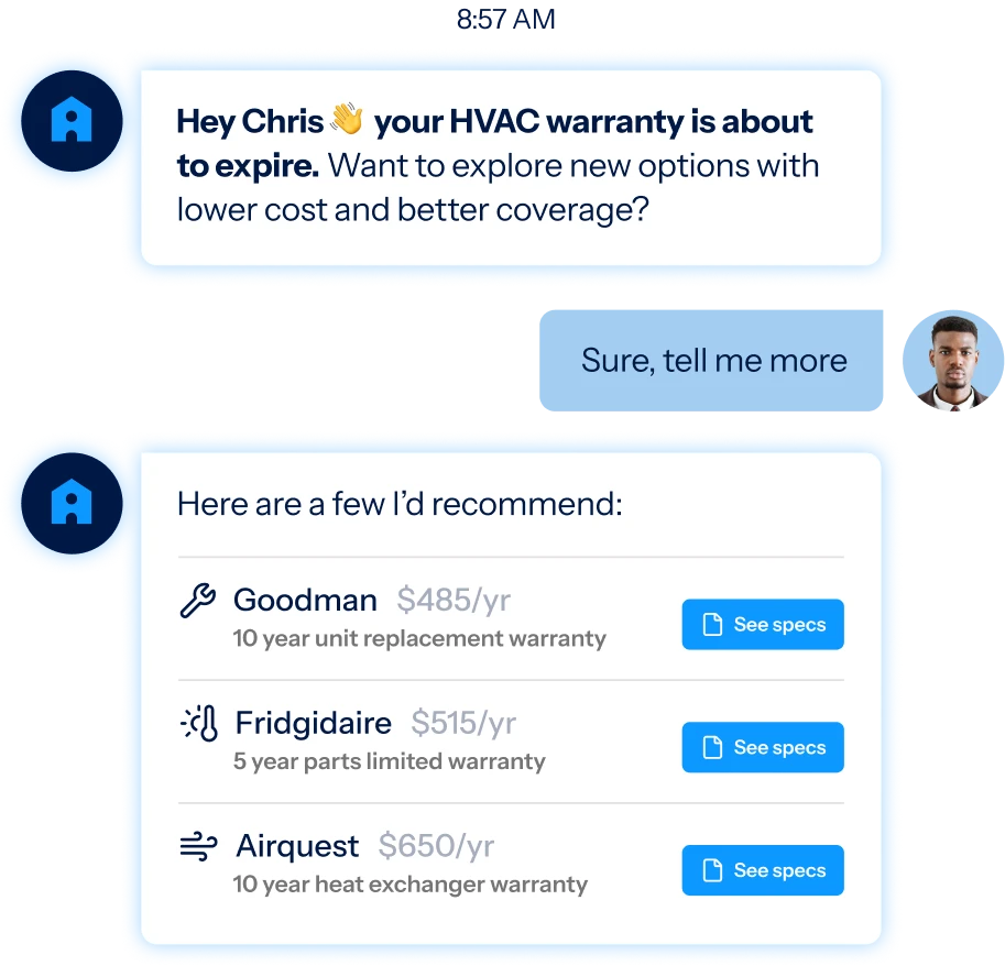 Argo flagging an expiring HVAC warranty and recommending lower-cost coverage options in chat