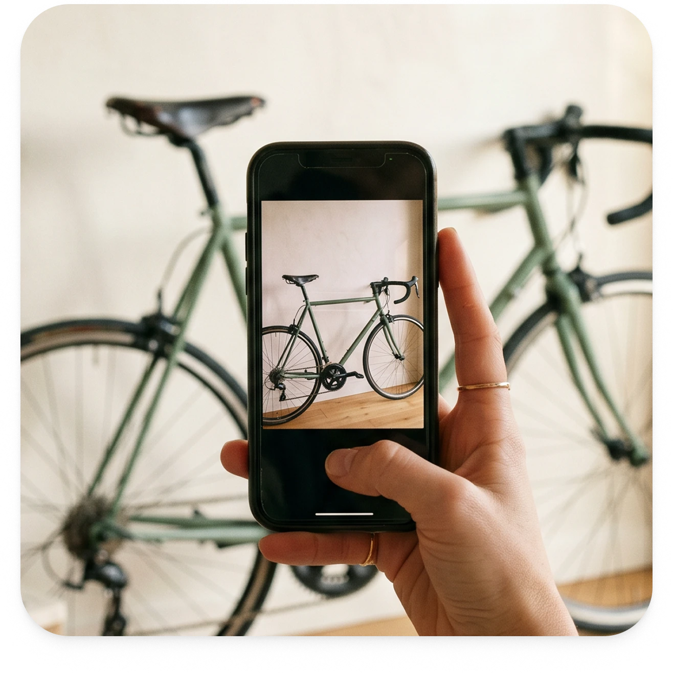 A phone camera pointed at a vintage road bike